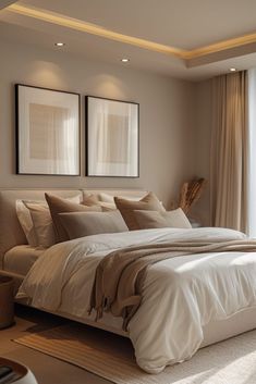 a large bed sitting in a bedroom next to a window with two framed pictures on the wall