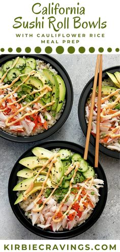 three black bowls filled with rice, cucumber and carrots topped with shredded cheese