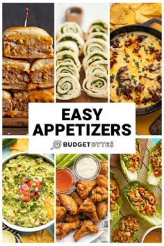 collage of six easy appetizer recipes with post title block in the middle. Appetizers No Bake, Bake Appetizers, No Bake Appetizers, Party Appetizers For A Crowd, Recipes For Meat Lovers, Easy Appetizers For A Party, Chocolate Appetizers, Budget Bites, Appetizers For A Party