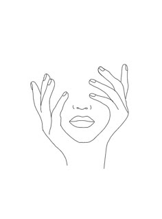 a line drawing of a woman's face and hands