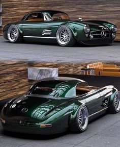 two pictures of the same car in different stages of being painted green and black, one is