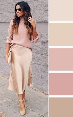 Pastel Business Outfit, Brown And Pink Outfit Color Combos, Peach Inspired Outfit, Color Outfit Combinations, Pink And Beige Outfit, Dusty Pink Outfits, Peach Clothes, Pink Color Combination