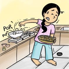 a cartoon girl is making pancakes in the kitchen with her hand on top of the pan