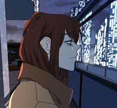 a woman looks out the window at night in an animated cityscape with skyscrapers