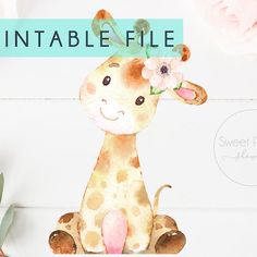 a watercolor giraffe with a flower in its mouth and the words printable file above it