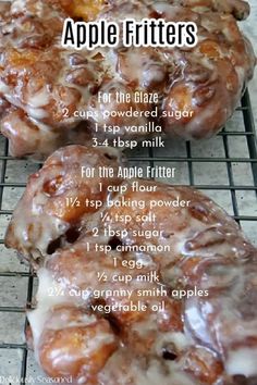 apple fritters on a cooling rack with instructions