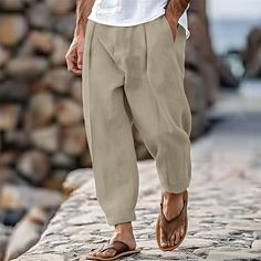 Season:Spring  Summer; Fabric:100% Cotton; Gender:Men's; Style:Fashion,Streetwear; Occasion:Holiday,Daily,Casual; Fit Type:Regular Fit; Function:Breathable,Comfort; Waistline:Mid Waist; Pattern:Plain; Design:Front Pocket,Pleats; Brand:OUKU; Pants Type:Trousers,Tapered Carrot Pants,Beach Pants,Summer Pants; Fly Type:Button; Front page:FF; Listing Date:07/19/2024 Casual Straight Harem Pants For Summer, Casual Summer Harem Pants, Casual Beach Pants For Leisure, Non-stretch Leisure Bottoms For Summer, Casual Solid Color Harem Pants For Vacation, Baggy Casual Summer Pants, Casual Solid Harem Pants For Vacation, Casual Baggy Pants For Summer, Casual Harem Pants For The Beach