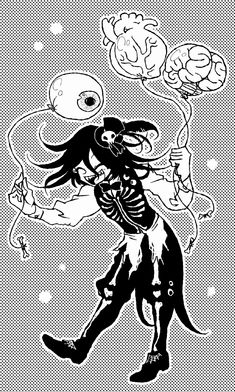 a black and white drawing of a person with a cat on his back, holding a balloon