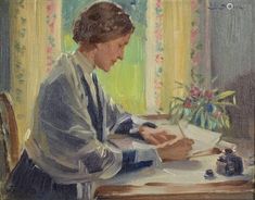 a painting of a woman sitting at a table with a book in her lap and writing