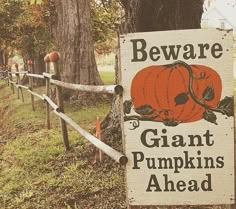 a sign that reads beware of giant pumpkins ahead next to a wooden fence