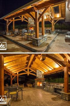 two pictures of a covered patio with tables and chairs at night, and in the evening