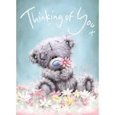 a painting of a teddy bear holding a flower in its mouth with the words thinking of you on it