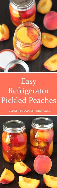 two jars filled with pickled peaches on top of a table next to sliced peaches