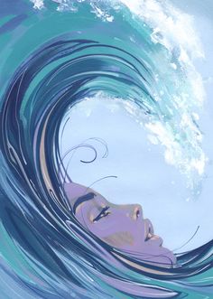 a painting of a woman's face in the middle of a blue ocean wave