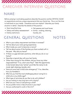 a poster with the words caregiver interview questions