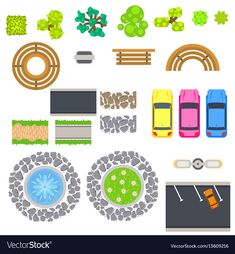 an overhead view of a parking lot with cars, trees and benches royalty - art illustration