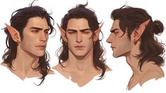 three different angles of a man's face with long hair and horns on his ears