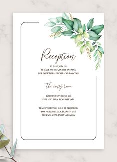 a wedding reception card with greenery on it and the words reception written in black ink