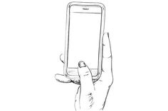 a hand holding a smart phone in front of a white background with the screen open