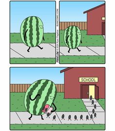 a cartoon depicting a watermelon running down the street