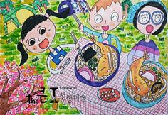 a drawing of three children eating food at a picnic table