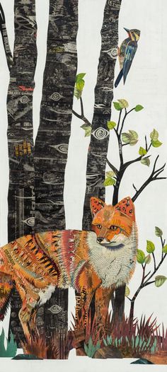 an image of a fox in the woods with birds on its back and trees behind it