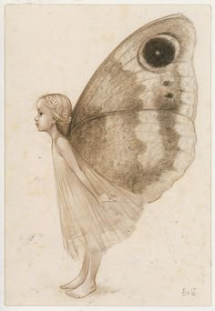 a drawing of a girl with a butterfly on her head and wings, standing in front of