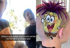 two pictures one has a spongebob haircut and the other has an orange tube