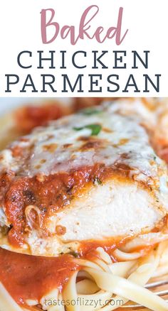 baked chicken parmesan on a plate with spaghetti