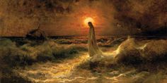 a painting of a woman standing in the middle of a body of water at sunset