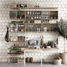 a kitchen with shelves filled with pots, pans and utensils on the wall