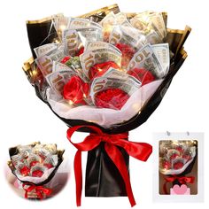 a bunch of money wrapped in red ribbon and tied with a bow, next to a bouquet of roses