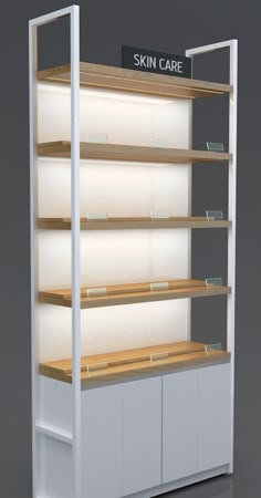 the display case is white and has wooden shelves