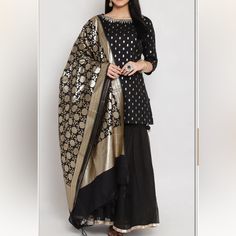 Poly Metallic Cotton Straight Suit Set Kurta, Garara Bottom, Dupatta Evening Kurta With Sheer Dupatta, Elegant Chanderi Sets For Evening, Elegant Chanderi Evening Sets, Black Sharara With Dupatta For Evening, Evening Black Sharara With Dupatta, Black Sharara With Zari Work For Evening, Black Traditional Drape Dress For Festivals, Traditional Black Dress With Sheer Dupatta, Elegant Black Evening Kurta