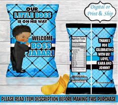 two bags of personalized chips with an image of a boy on the front and back