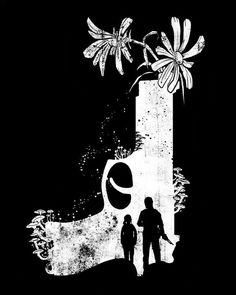 two people standing next to each other near a tall vase with flowers in it on a black background