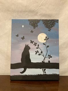 a painting of a cat sitting on a tree branch at night with the moon in the background