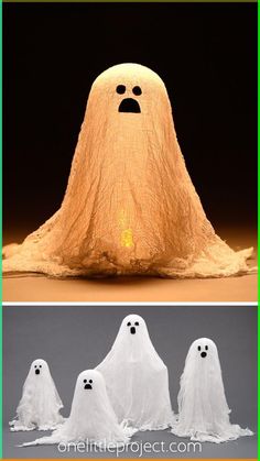 two pictures with ghost faces on them and the same one in different colors, both made out of paper