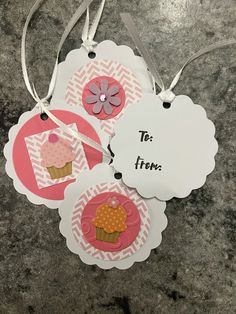 three tags that say to friends and have cupcakes on them with pink flowers