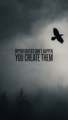 a black and white photo with an eagle flying in the sky above it, that says opportunity don't happen you create them