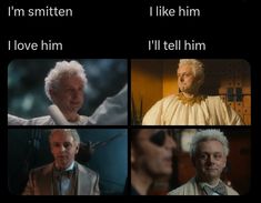 four different pictures of the same character in doctor who is talking to each other with caption that reads, i'm smitten like him i love him i'll tell him