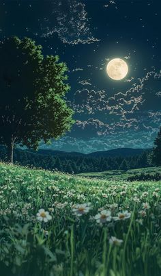 the full moon shines brightly in the night sky over a grassy field with daisies