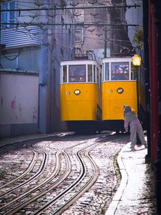 two yellow trolleys on tracks next to buildings