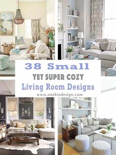 the living room is decorated in white and blue colors with text overlay that reads 38 small yet super cozy living room designs