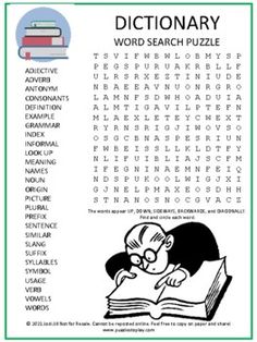 a word search puzzle with an image of a person reading a book and the words in it