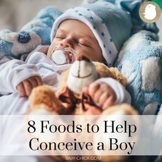 a baby with a pacifier in its mouth and stuffed animals around it, text reads 8 foods to help conceive a boy