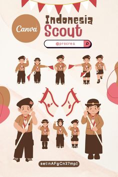 scout, boy, camp, illustration, uniform, Indonesia scout, child, people, patriotic, outdoor, girl,  cartoon, young, kids, character, pramuka, cute, student, scouts, flag Canva Project, Dafont Fonts, Canva Element, Canva Elements, Profile Page