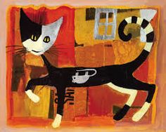 a painting of a black and white cat with yellow eyes standing in front of an orange background