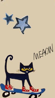 a drawing of a black cat on a skateboard with stars above it that says mean