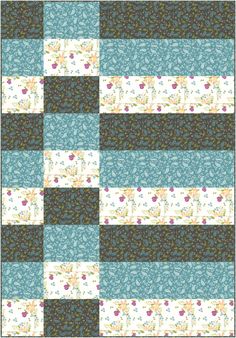 a blue and white patchwork quilt with flowers on the border, in different colors